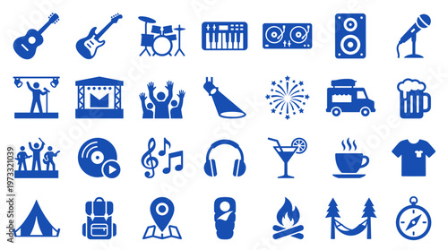 Collection of blue icons representing music festival activities and outdoor adventure elements for event planning and travel inspiration