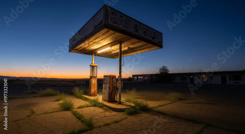 Vintage gas station canopied by the fading light of dusk isolated on transparent background, isolated on white background, Vector