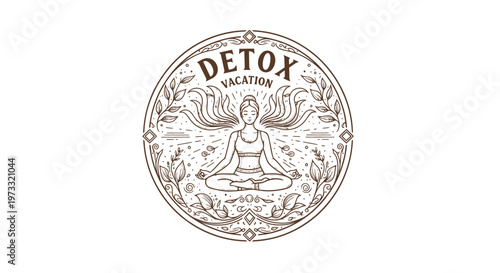 Vintage Detox Vacation Yoga Meditation Emblem with Woman and Leaves
