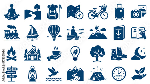 Collection of travel and outdoor adventure icons representing journeys, nature, and exploration with symbols for hiking, camping, and transportation