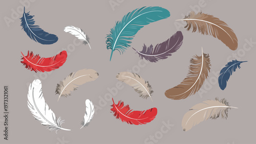 Seamless bird feathers vector illustration featuring a colorful nature pattern with quill and plume elements in a vintage angel wing design set for artistic decoration