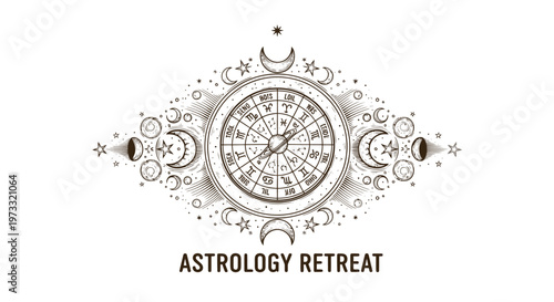 Astrology chart with moon phases, stars, and zodiac symbols, vintage engraved style
