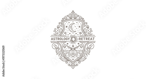Vintage Astrology Retreat Logo Emblem with Moon, Sun, Stars, Mountains
