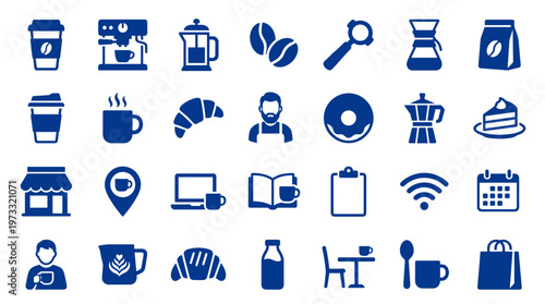 Collection of blue coffee shop icons and symbols representing cafe services and products for graphic design and branding