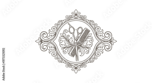 Vintage Engraved Hairdresser Emblem with Scissors and Comb, Ornate Frame
