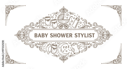 Baby Shower Stylist Vintage Engraved Emblem with Cute Icons