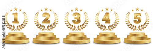 Set of Golden Number Award on Podium Stage. Number Ranking 1, 2, 3, 4, 5. Vector Illustration Isolated on White Background.
