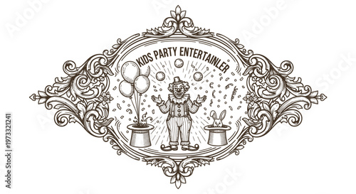 Vintage Clown Entertainer for Kids Party, Juggling Balls and Balloons in Ornate Frame