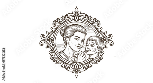 Vintage Engraved Portrait of Mother Holding Child in Ornate Frame