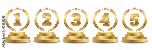 Set of Golden Number Award on Podium Stage. Number Ranking 1, 2, 3, 4, 5. Vector Illustration Isolated on White Background.
