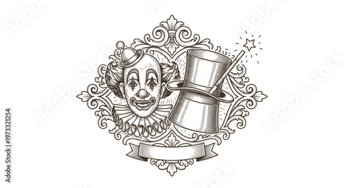 Vintage Clown Face, Top Hat, Magic Wand, Ornate Frame, Engraved Illustration
