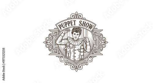 Vintage Engraved Puppet Show Emblem with Puppeteer and Dolls