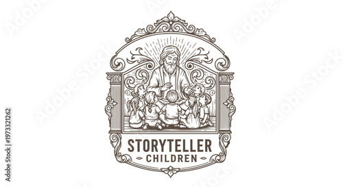 Vintage Storyteller with Children Logo, Engraved Emblem, Retro Design, Narrative Concept