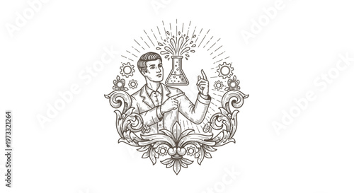 Vintage Scientist Conducting Chemical Experiment with Flask and Bubbles