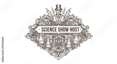 Vintage Science Show Host Emblem with Flasks and Lightning