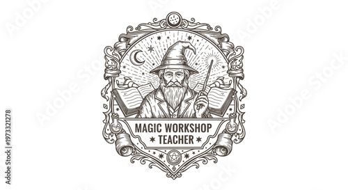 Vintage Wizard Teacher Emblem with Magic Wand and Hat - Magic Workshop
