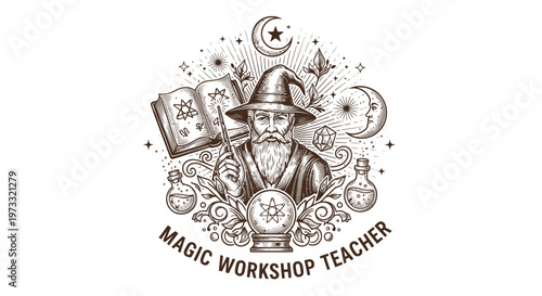 Vintage Wizard with Crystal Ball and Magic Elements