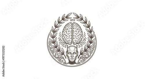 Vintage Engraved Emblem: Brain and Human Head with Laurel Wreath