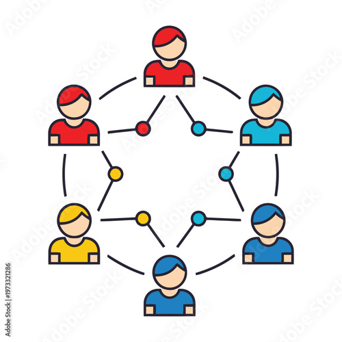 Six people in a circle connected by lines and dots representing teamwork and communication