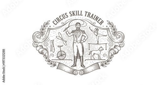 Vintage Circus Skill Trainer Emblem with Acrobat, Dog, and Unicycle