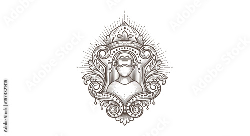 Vintage Engraved Portrait Emblem with Man Wearing VR Goggles