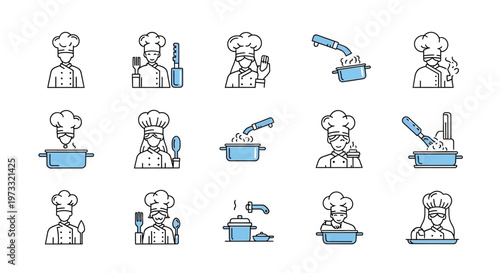 Chef icons in various cooking actions.