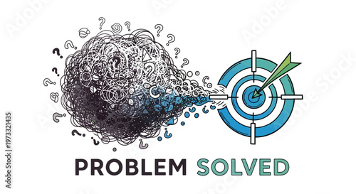 Problem Solved Concept with Abstract Thought Cloud and Target with Arrow on Isolated White Background