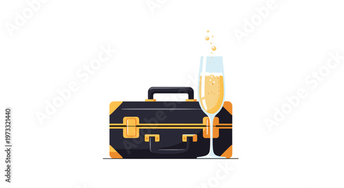Sleek black executive briefcase featuring gold hardware stands beside a tall elegant glass of bubbling golden champagne against a pristine white background.
