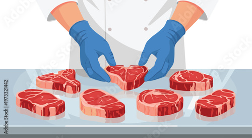 Professional chef wearing blue protective gloves organizes several different cuts of fresh raw red meat on a reflective metallic industrial kitchen surface.