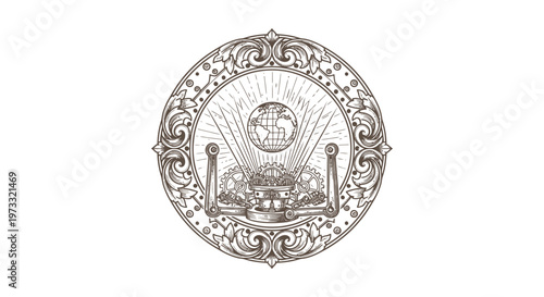 Vintage Engraved Emblem with Globe and Ornate Border