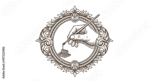 Vintage engraved hand holding quill pen and inkwell in ornate frame