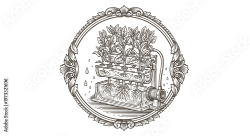 Hydroponic Farming System Vintage Engraved Illustration