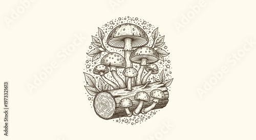 Vintage Engraved Mushrooms on Log with Leaves, Hand Drawn Illustration
