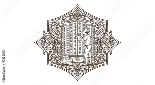 Vintage Engraved Explorer and Ancient Monument Emblem