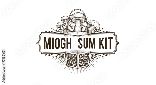 Vintage Engraved Mushroom Logo with Ornate Border and Dice