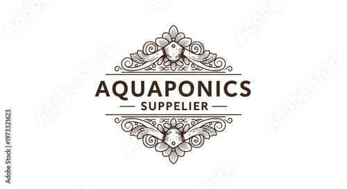 Vintage Aquaponics Supplier Logo Emblem with Ornate Flourishes
