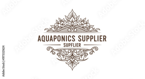 Vintage Aquaponics Supplier Logo with Ornate Flourishes and Floral Elements