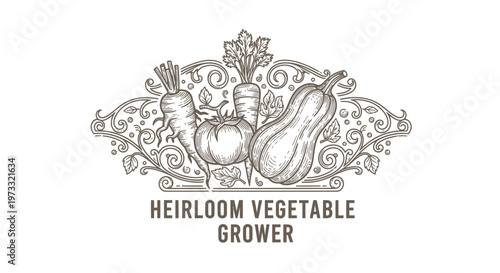 Vintage Heirloom Vegetable Grower Logo Design with Carrots, Tomato, Squash, and Ornate Flourishes