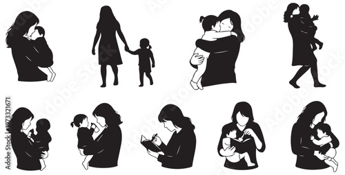Mother and Child Silhouette Set Collection, Parenting and Motherhood Family Care Vector Illustration
