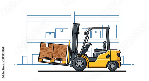 A powerful yellow industrial forklift carries a heavy wooden shipping crate on a sturdy pallet through a modern warehouse with organized storage racks.
