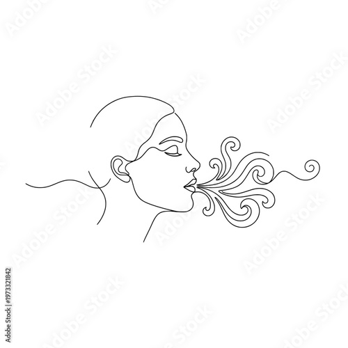 Breathing exercise concept with abstract human face and airflow lines, continuous one line doodle drawing