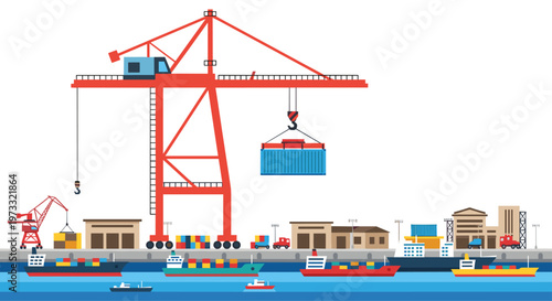 A bustling maritime port features massive red gantry cranes lifting blue containers onto various cargo ships docked along a detailed industrial harbor.
