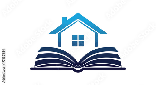 Simple blue vector graphic illustration featuring an open book combined with a modern house roof design
