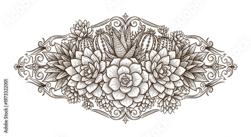 Vintage Engraved Succulent Arrangement with Ornate Border