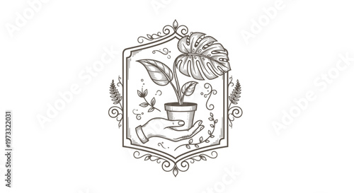 Vintage Hand Holding Potted Monstera Plant Emblem