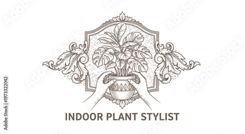 Vintage Engraved Indoor Plant Stylist Emblem with Hands and Potted Plant