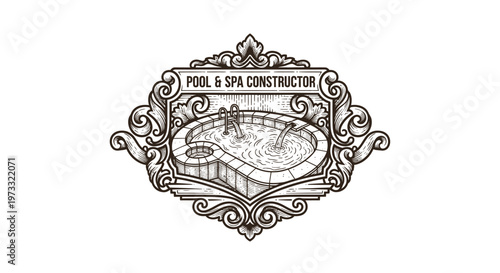 Vintage Engraved Pool and Spa Constructor Emblem with Jacuzzi and Water Features