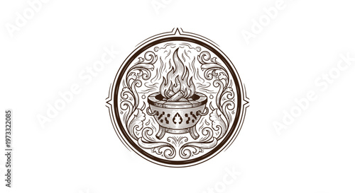 Vintage Engraved Altar Fire Emblem Emblem with Ornate Scrollwork and Flames