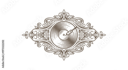 Vintage Engraved Record Emblem with Ornate Flourishes - Retro Music Icon