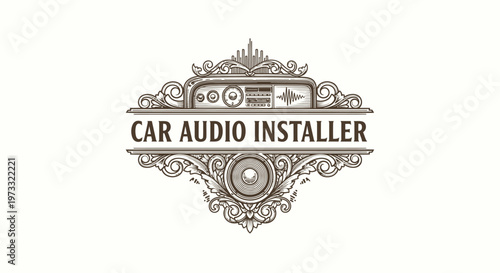 Vintage Engraved Car Audio Installer Logo with Retro Cassette Player